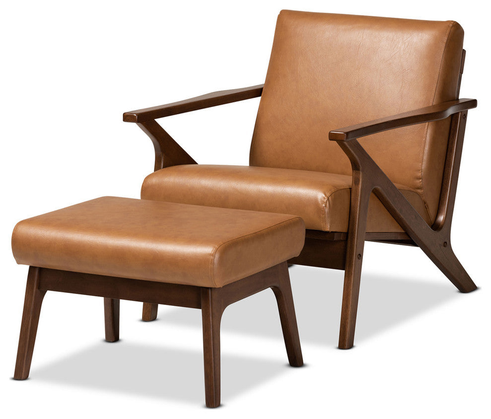 Bianca Mid-Century Modern Lounge Chair and Ottoman Set, Tan Faux Leather