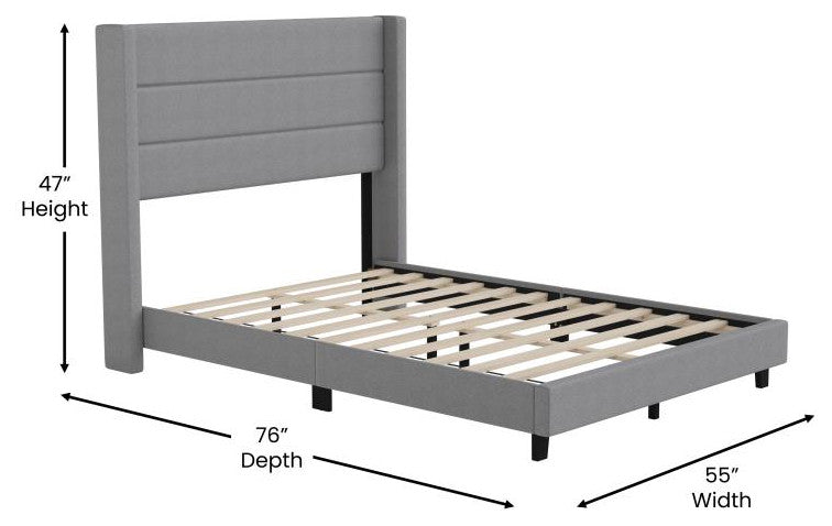 Hollis Upholstered Platform Bed with Wingback Headboard w/Mattress Foundation, Gray, Full