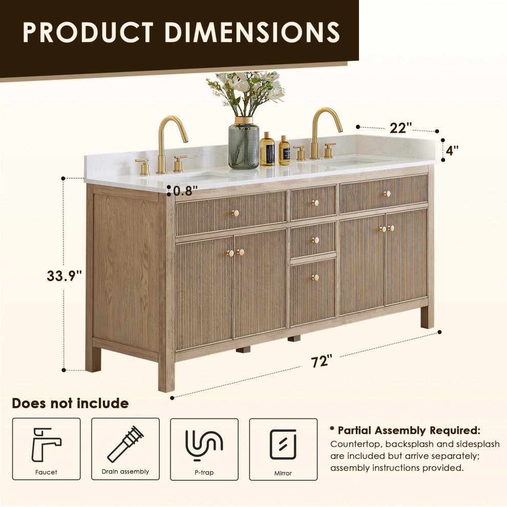 Cerrito Bathroom Vanity, Natural Oak, 72" Double, Without Mirror