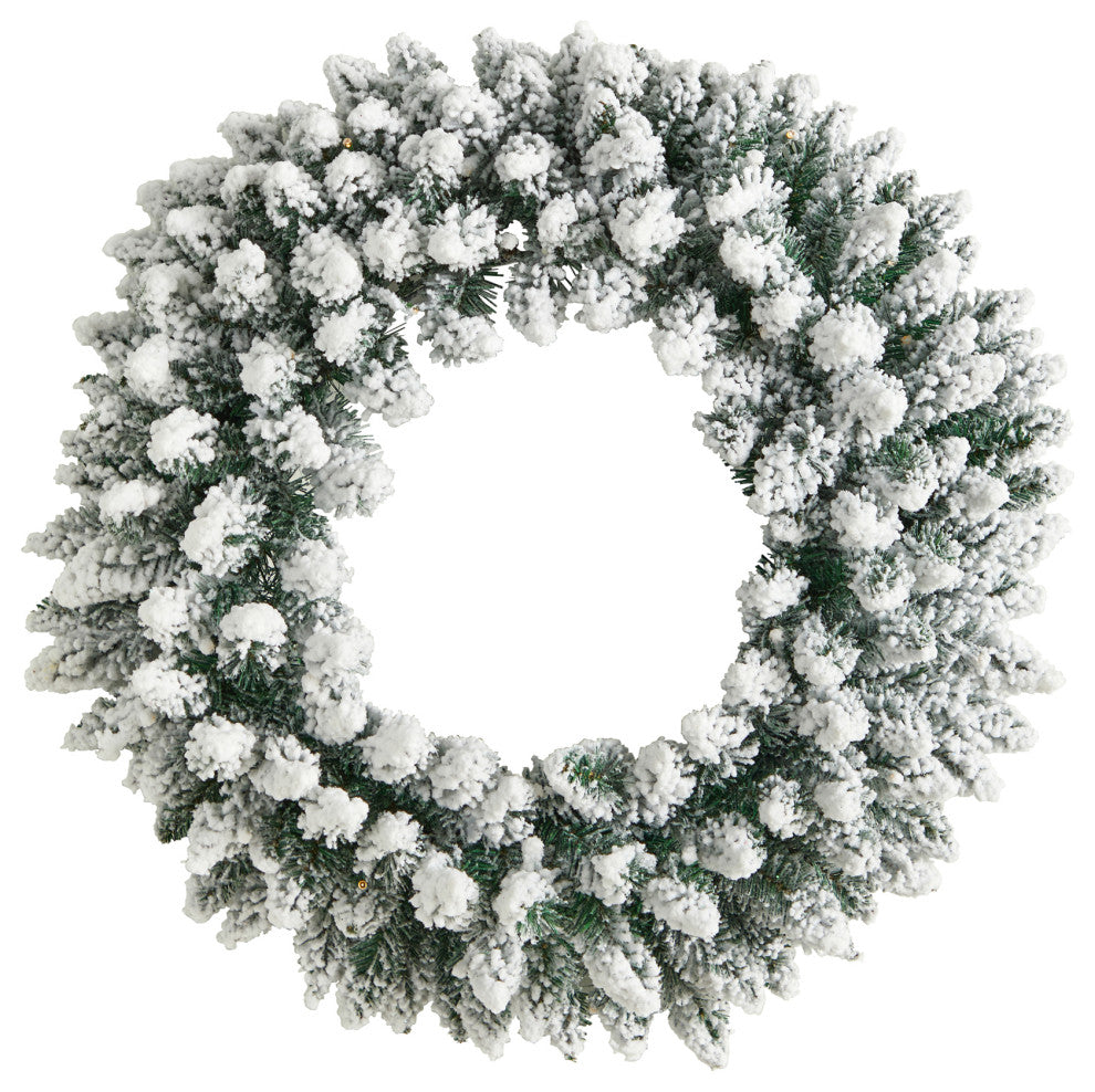 24" Flocked Faux Christmas Wreath With 160 Bendable Branches and 35 White Lights