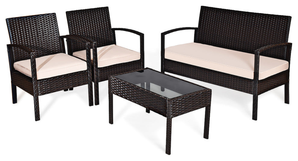 Goplus 4 PCS Outdoor Garden Black Rattan Wicker Sofa Set Furniture Cushioned