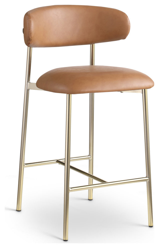 Lupita Upholstered Counter Stool, Cognac, Vegan Leather, Brushed Gold, Set of 2