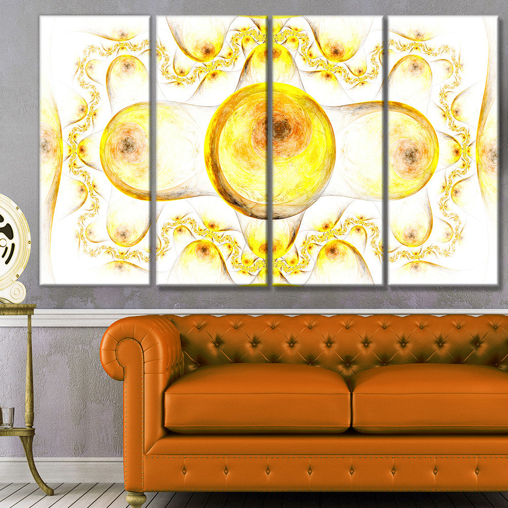 Yellow Exotic Pattern on White, Abstract Art on Canvas, 48"x28", 4 Panels