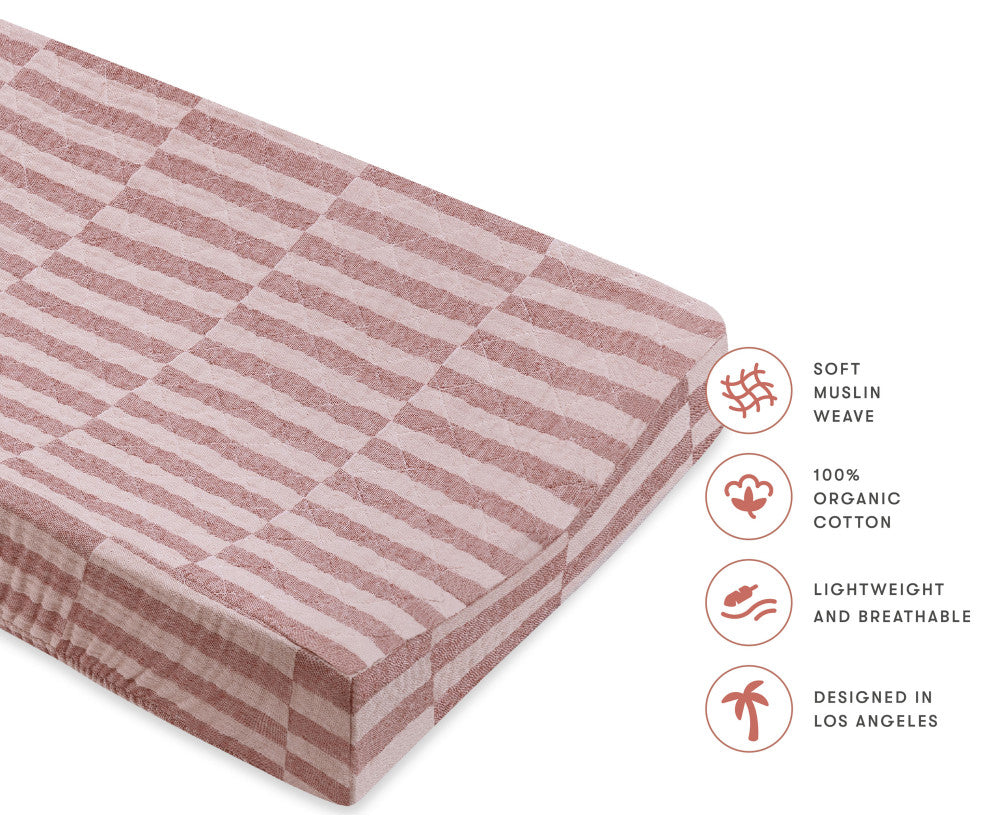 Quilted Changing Pad Cover, GOTS Certified Organic Muslin Cotton, Maroon Stripe