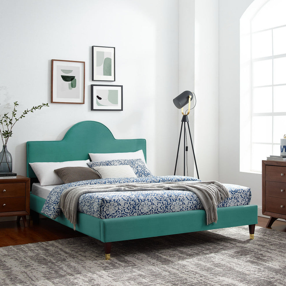 Platform Bed Frame, King Size, Teal Blue, Velvet, Modern, Bedroom Guest Suite