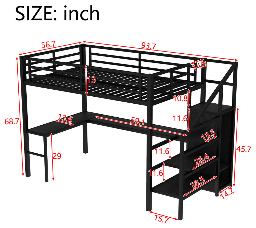 Gewnee Full Size Loft Bed with L-shaped Desk and USB