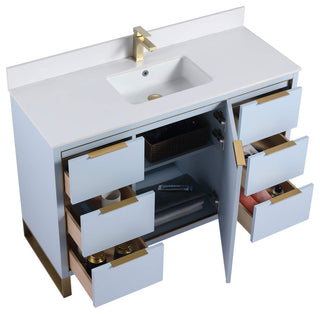 Opulence Bath Vanity, Pastel Blue, 48", Satin Brass Hardware, White Top