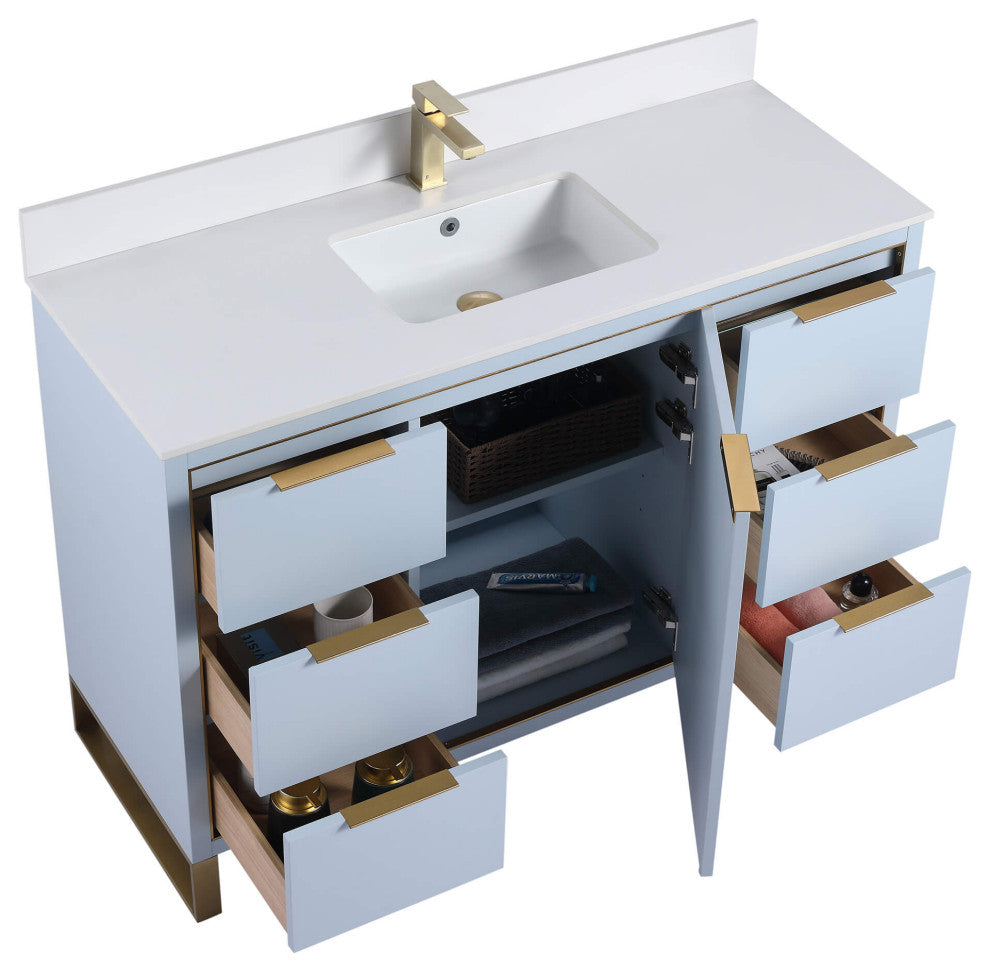 Opulence Bath Vanity, Pastel Blue, 48", Satin Brass Hardware, White Top