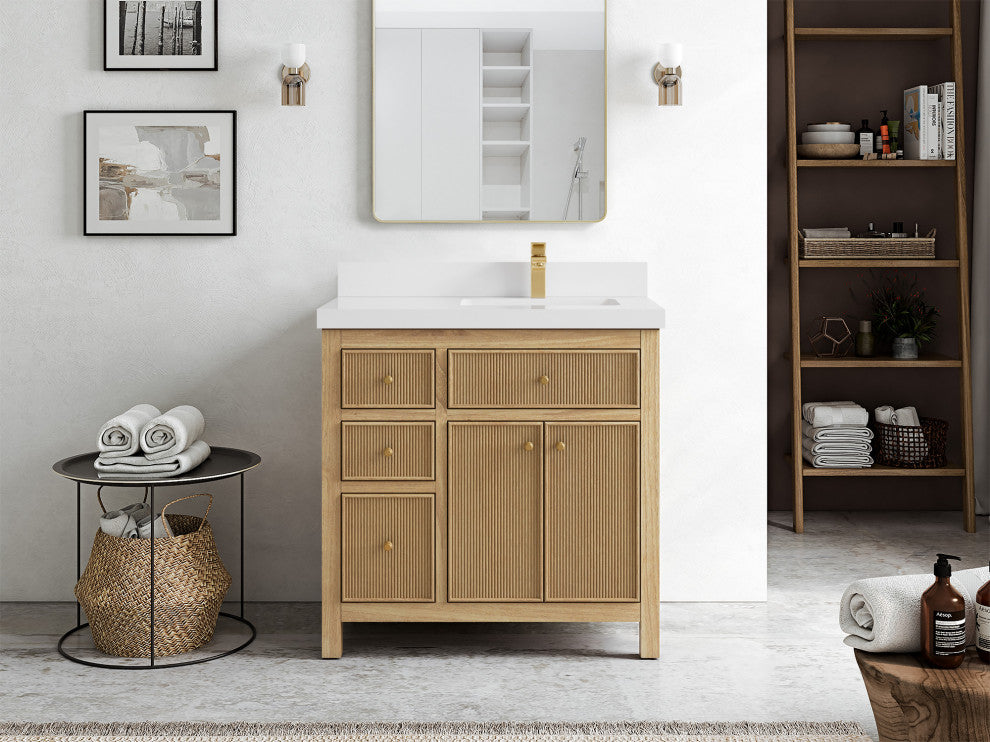 Sonoma 36 Right Offset Bath Vanity in Light Natural Teak with 2" White Quartz