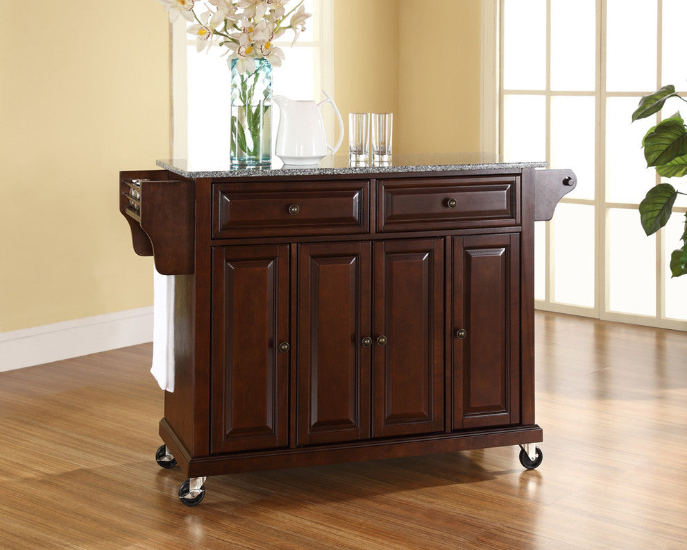 Solid Granite Top Kitchen Cart, Island, Vintage Mahogany Finish
