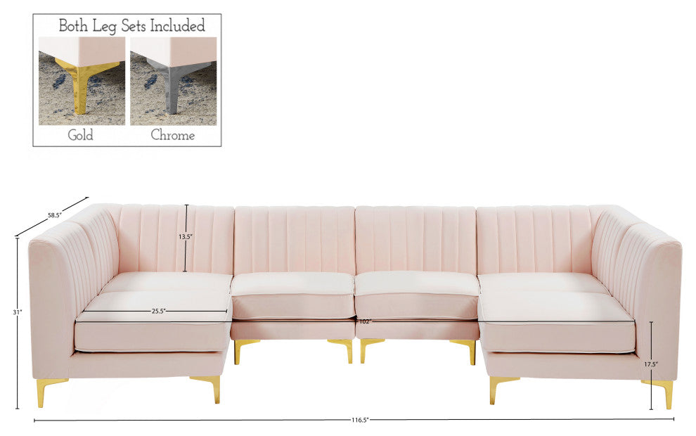 Alina Velvet Modular U-Shaped Sectional, Pink, 6-Piece: 4 Armless Chair, 2 Corner Chair