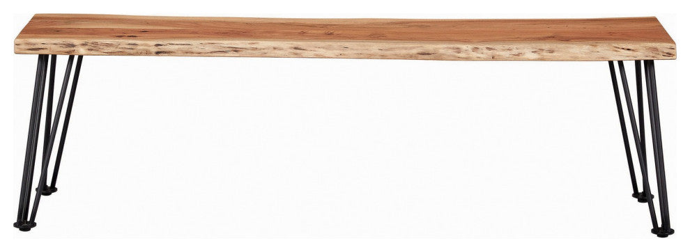 Benzara BM242107 Wooden Dining Bench With Live Edge Details & Metal Legs, Brown