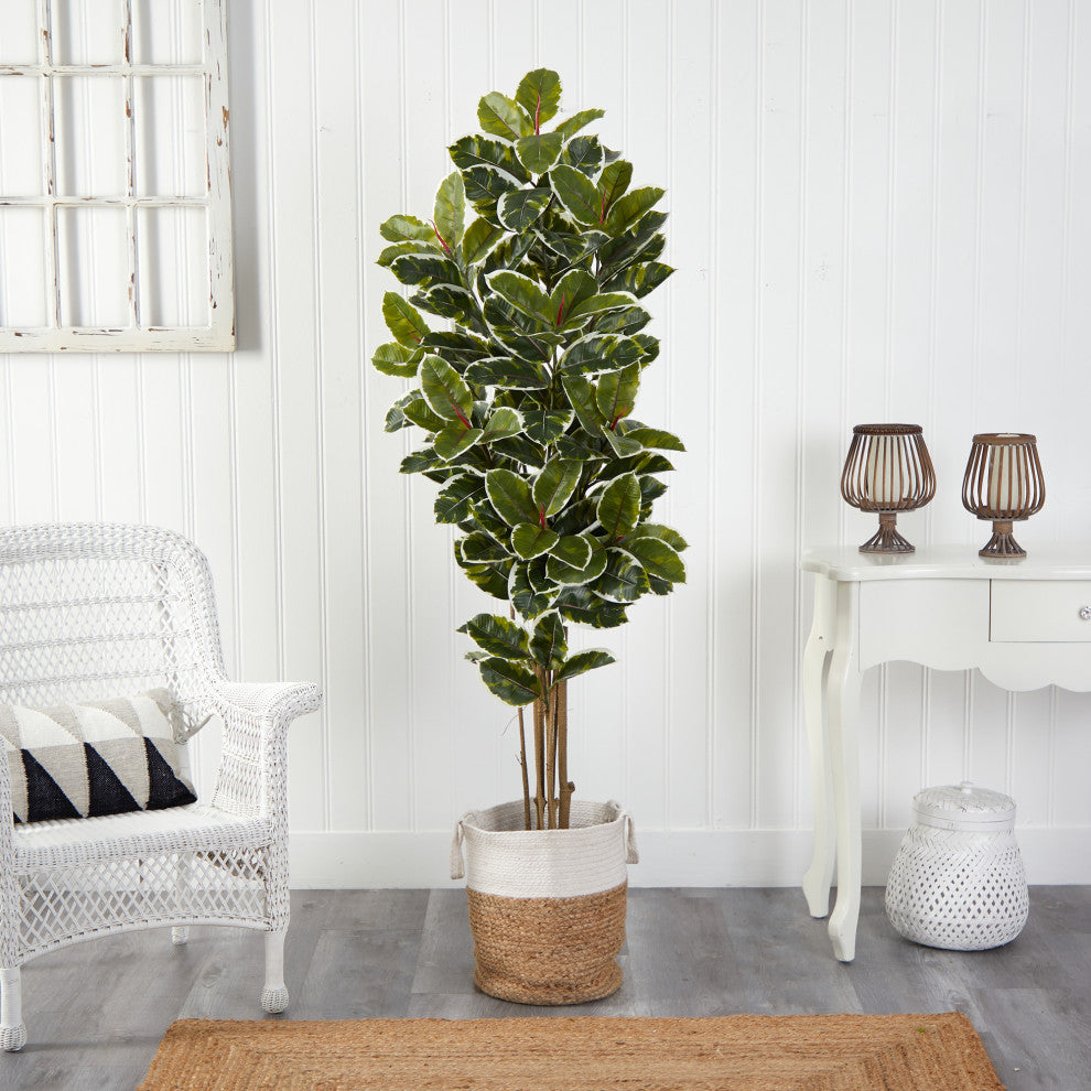 6' Oak Faux Tree, Handmade Natural Jute & Cotton Planter  Indoor/Outdoor
