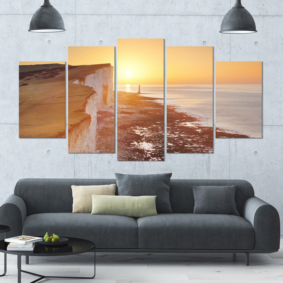 Sunrise over South Coast of England, Seashore Canvas Wall Art, 60"x32", 5 Panels