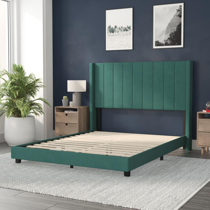 Bianca Upholstered Platform Bed w/Vertical Stitched Wingback Headboard, Emerald Velvet, Queen
