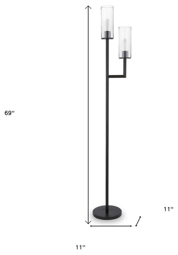 69" Black Two Light Torchiere Floor Lamp With Clear Transparent Glass Drum Shade