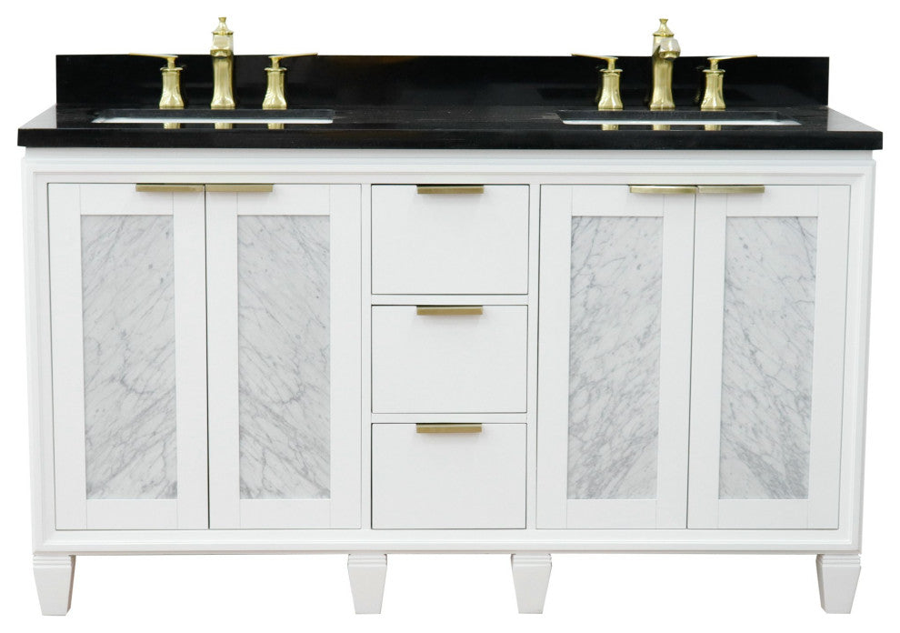 61" Double Sink Vanity, White Finish With Black Galaxy Granite