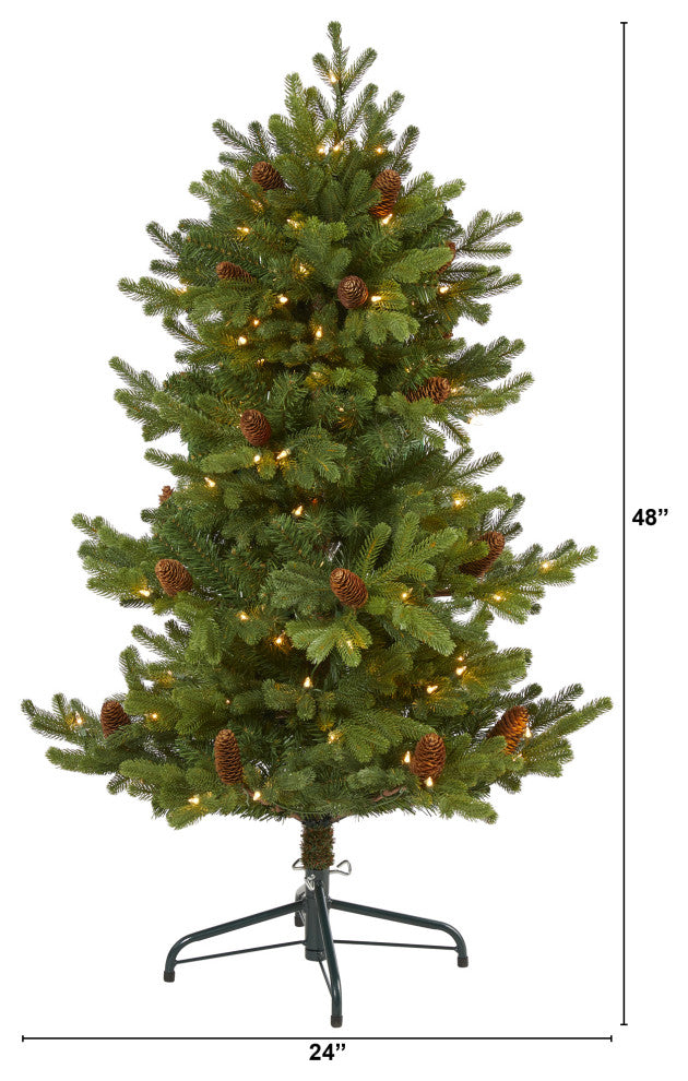 4' Yukon Mountain Fir Faux Xmas Tree W/Lights, Pinecones & 386 Bendable Branches