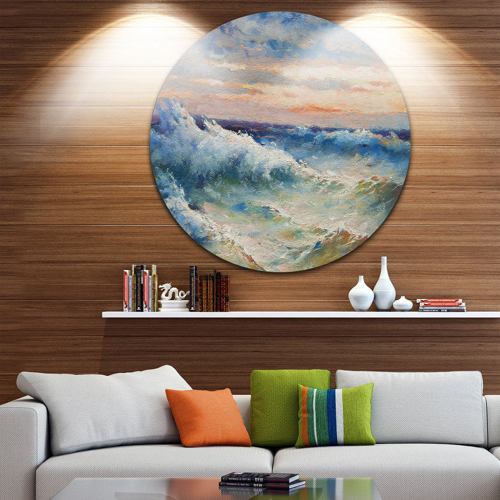 Waves During Storm, Seascape Painting Round Wall Art, 38"