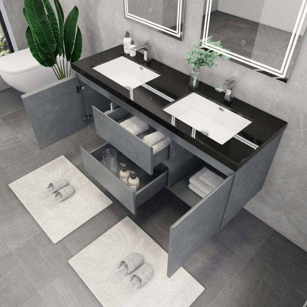 Belli 60" Double Sink Wall Mount Vanity Set, Cement Gray, Matt Black Top