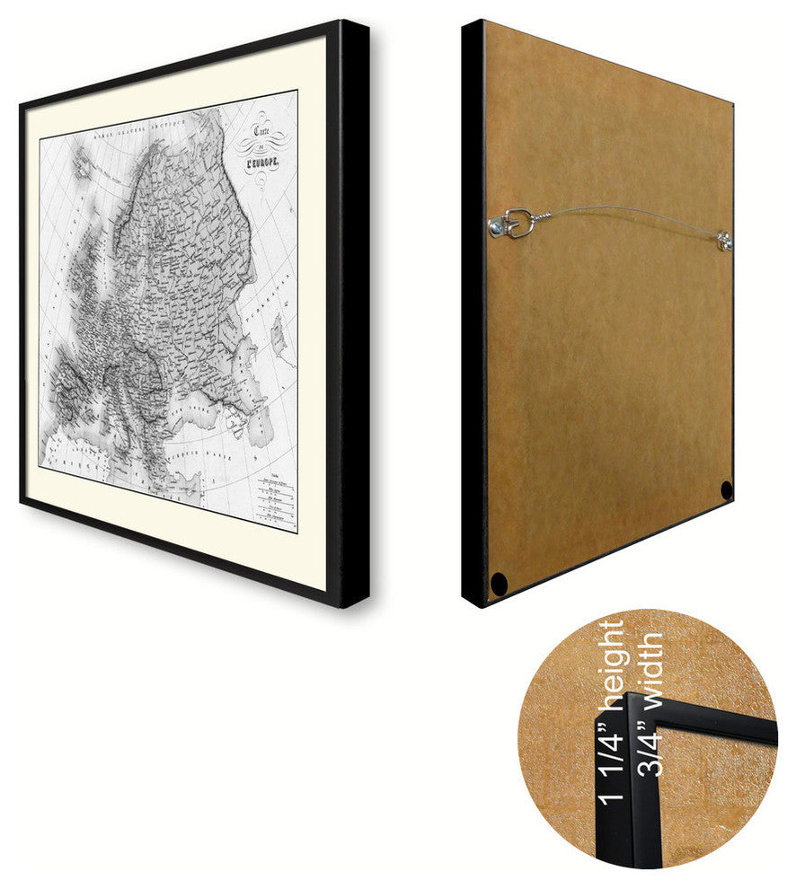 Europe Vintage Map Print On Canvas With Black Custom Frame, 28" X 37"
