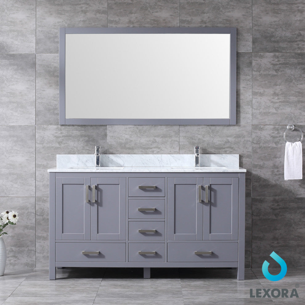 Jacques 60" Dark Gray Double Vanity Carrara Marble Top Sinks, 58" Wall Mirror