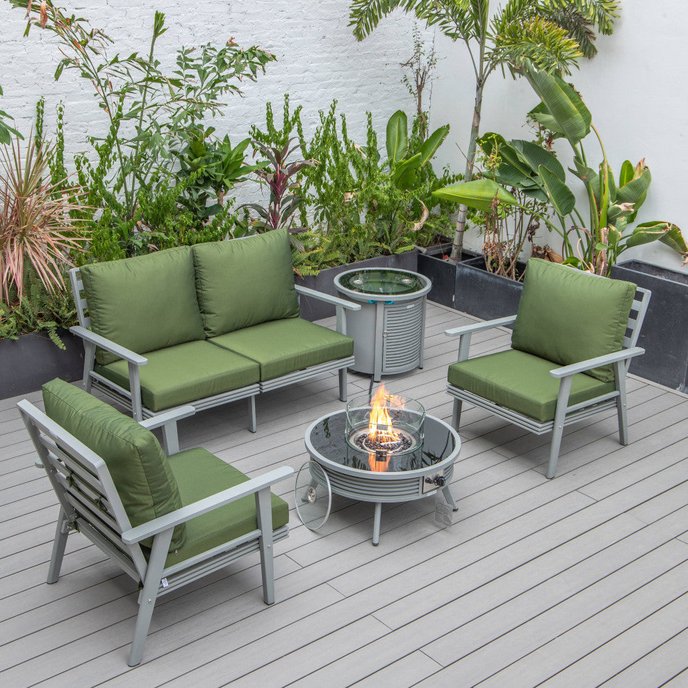 LeisureMod Walbrooke Patio Sofa Set With Round Fire Pit Table, Green