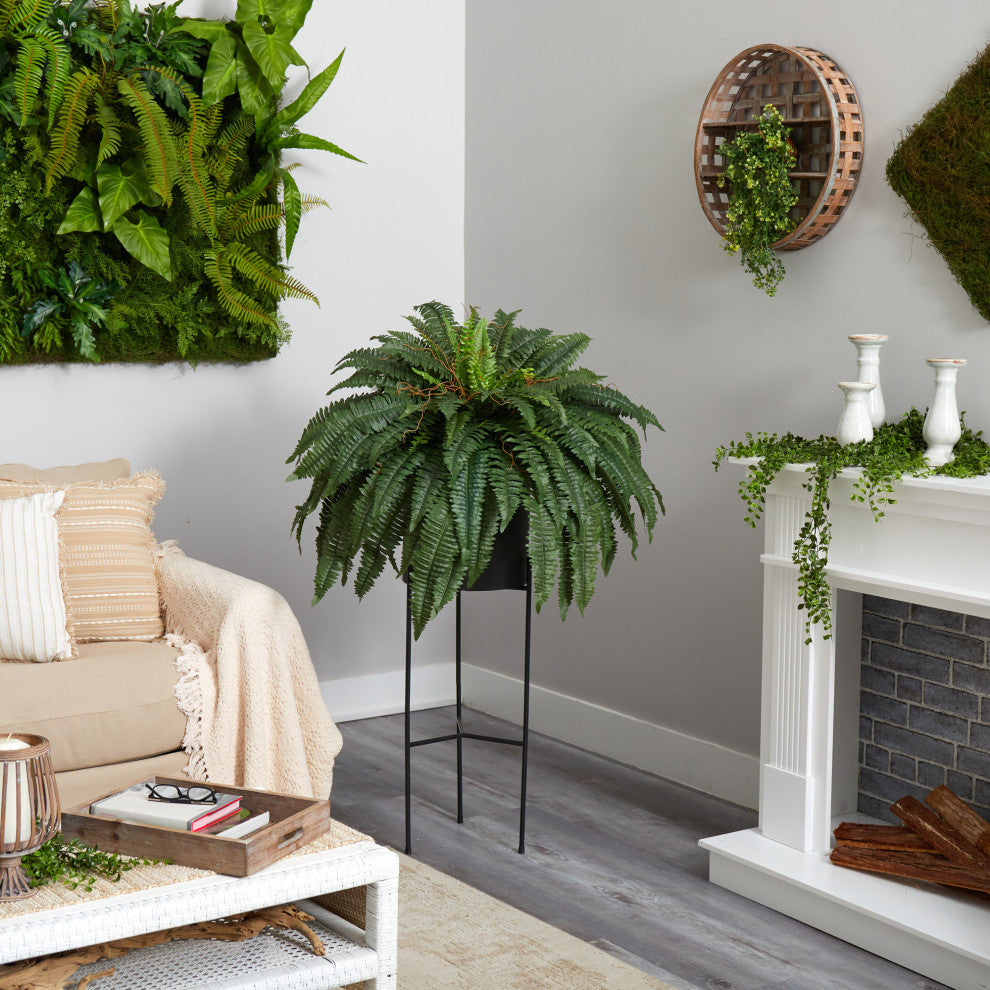 51" Boston Fern Artificial Plant, Black Planter With Stand