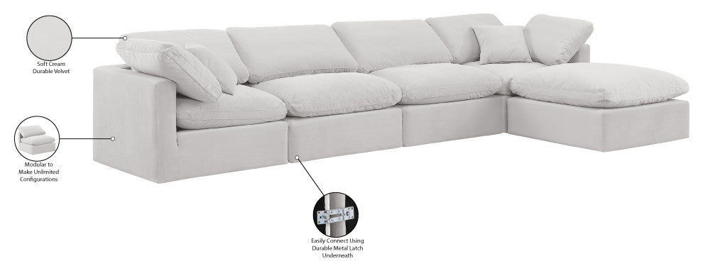 Indulge Upholstered Modular L-Shaped Sectional, Cream, 5-Piece: 2 Armless Chair, 2 Corner Chair, 1 Ottoman, Down Stuffed Velvet