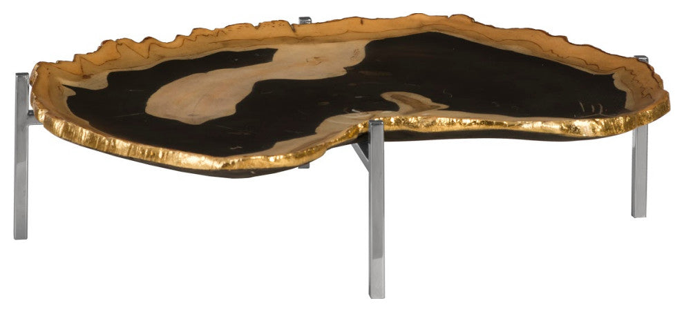 Cast Petrified Wood Tray, Gold Leaf Edge, Resin, Stainless Steel Base