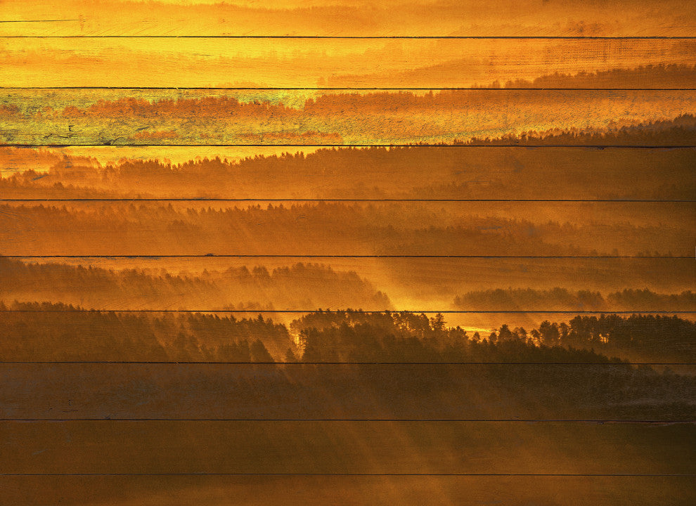 Faux Wood Golden Mist Valley - Hills & Mountain Range Canvas Prints, 24" X 36"