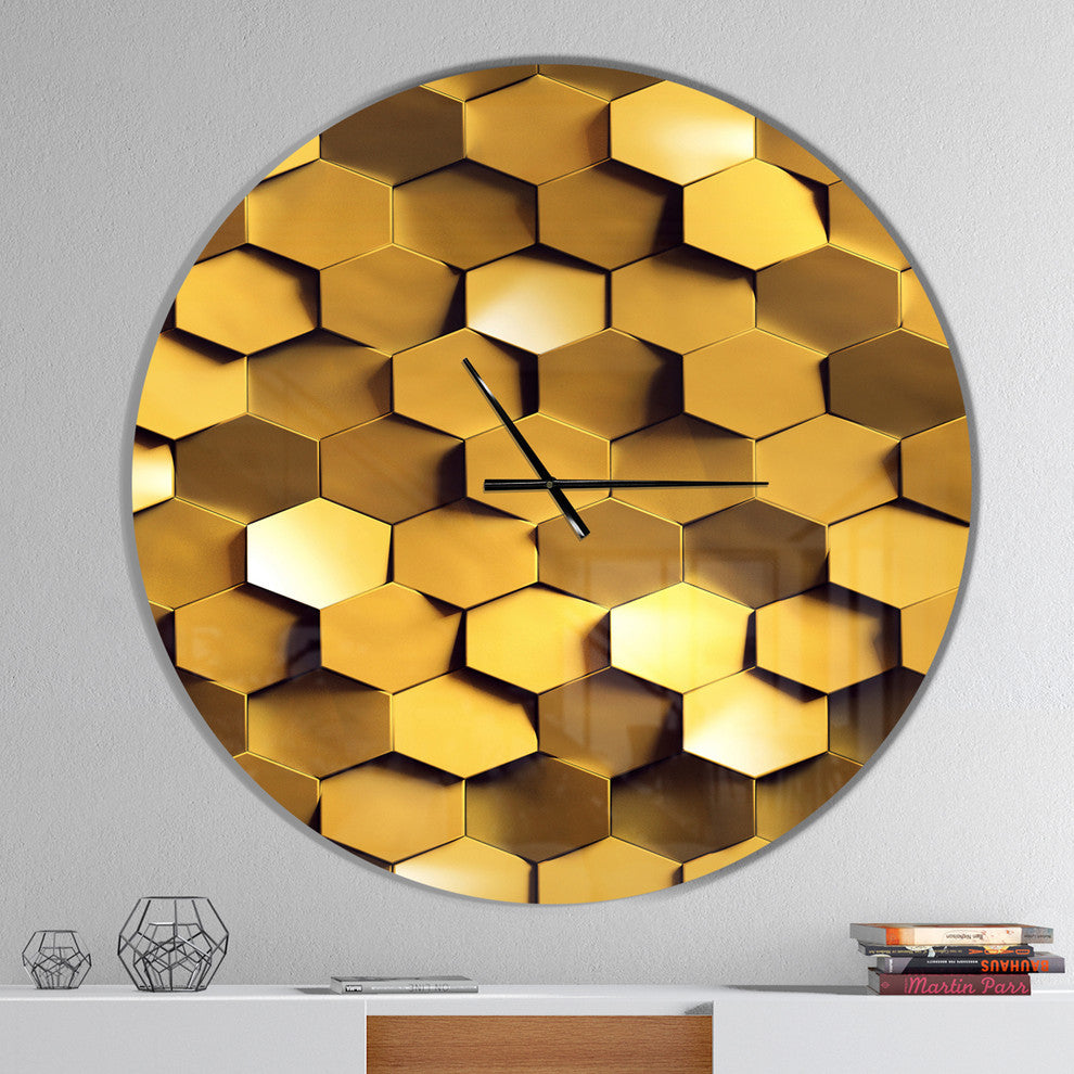 Golden Honeycomb Wall Texture Oversized Modern Metal Clock, 36"x36"