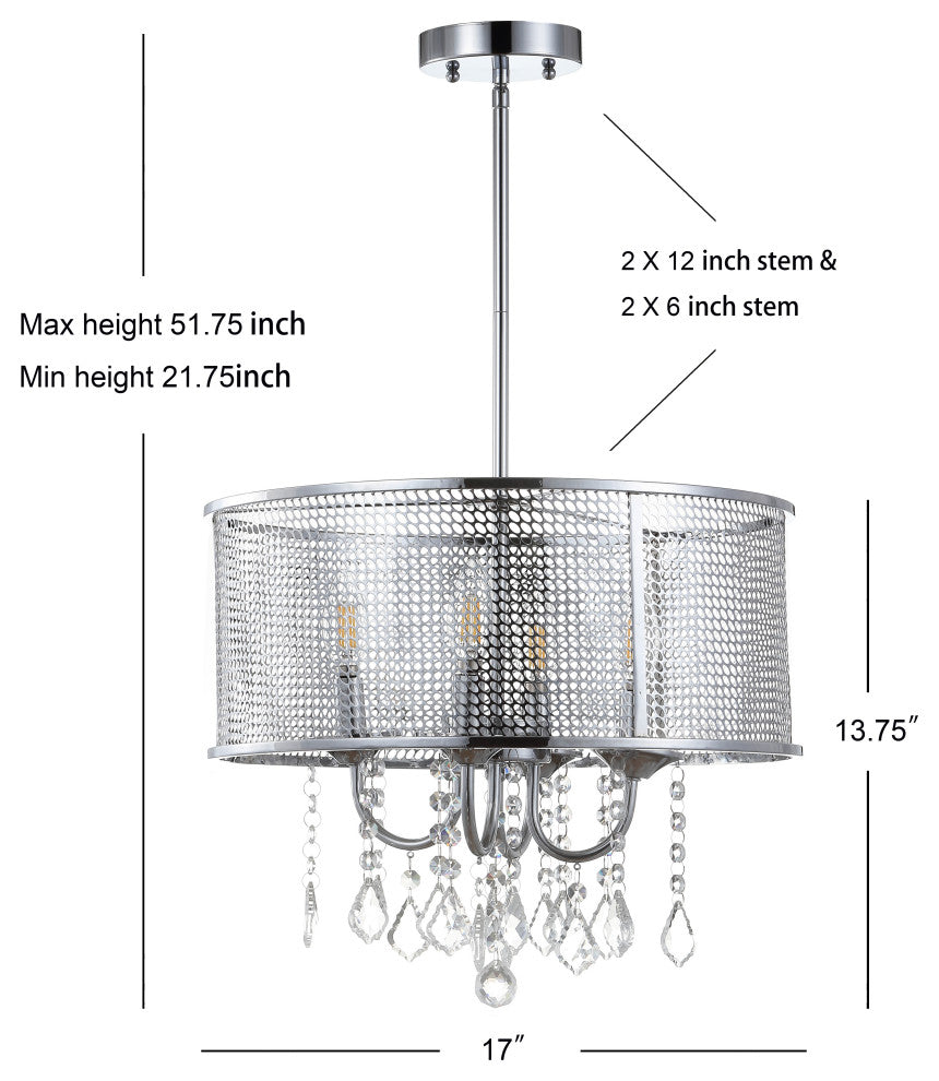 Avah Metal and Crystal Adjustable LED Drop Pendant, Chrome, 17