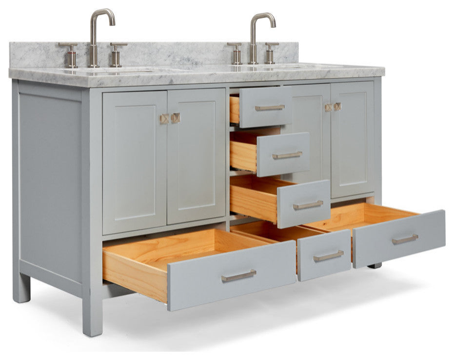 ARIEL Cambridge 61" Double Rectangle Sink Bathroom Vanity Grey With Marble Top