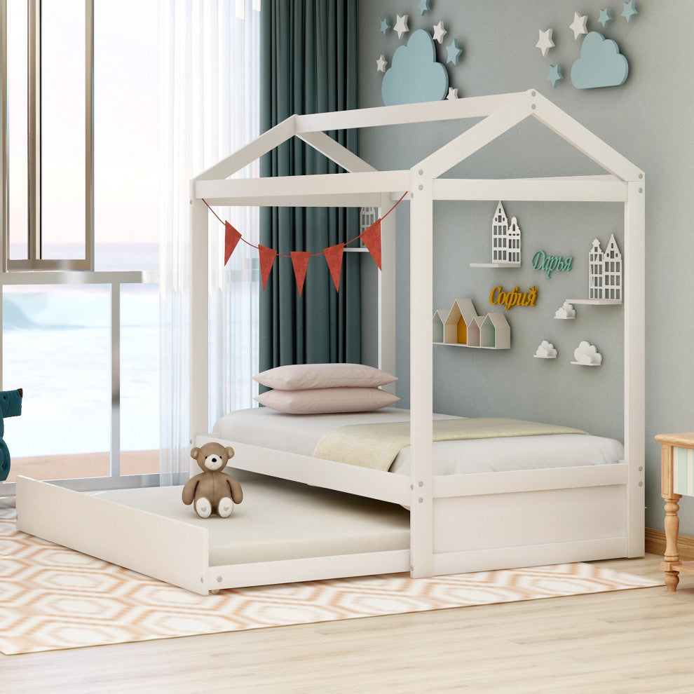 Gewnee House Bed with Trundle, can be Decorated in White
