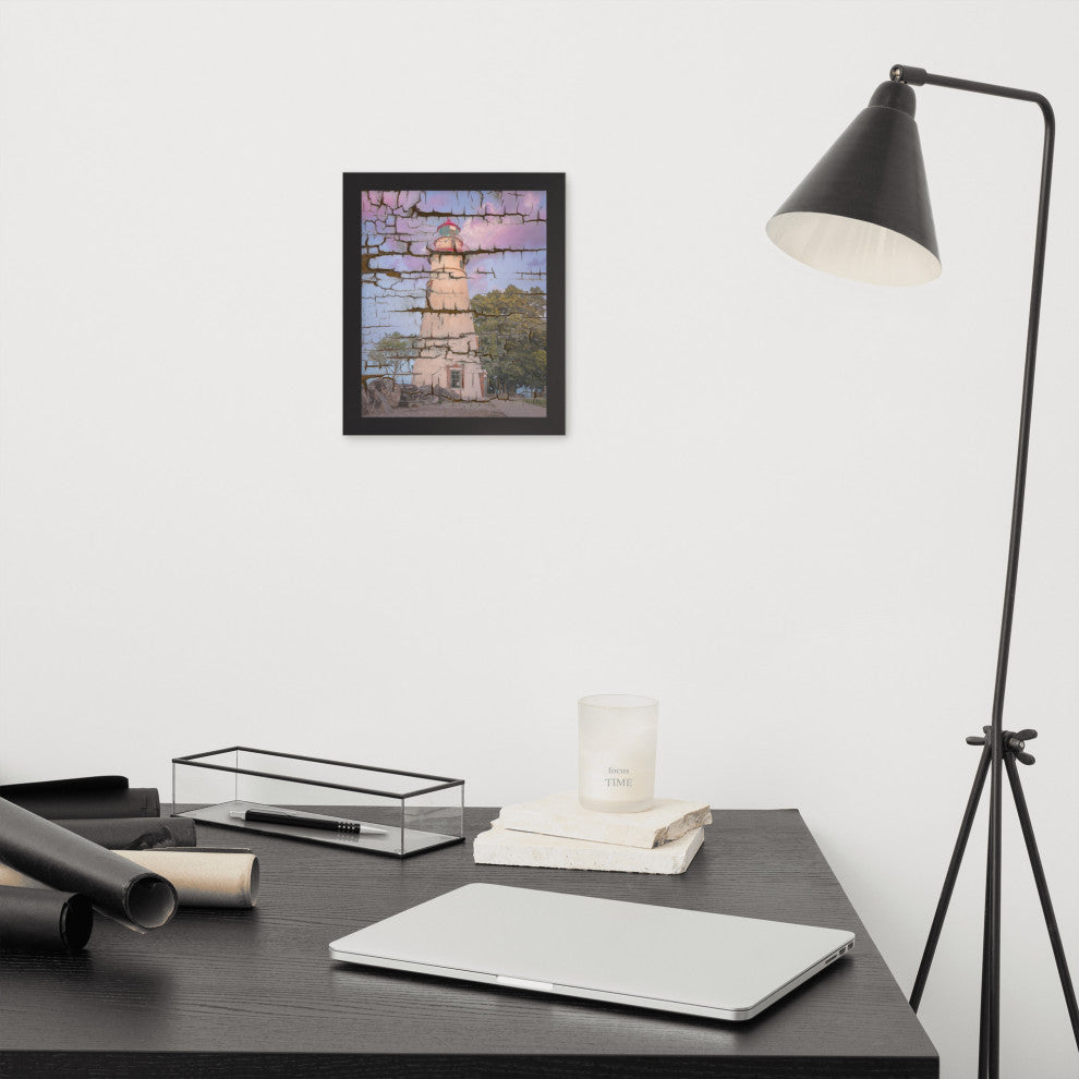 Faux Wood Texture Marblehead Lighthouse at Sunset Framed Photo Wall Art Print, Black, 8" X 10"