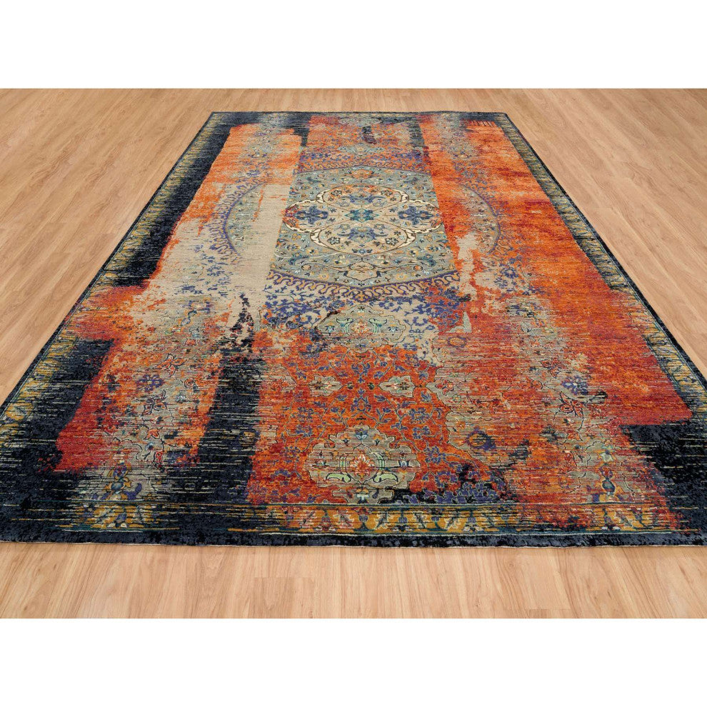 Rust Red Ancient Ottoman Erased Design Hand Knotted Wool Rug, 10'2"x14'3"