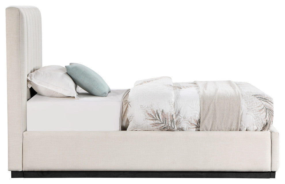 Lucia Beige Linen Textured Fabric Full Bed, Beige, Twin, Black Finish