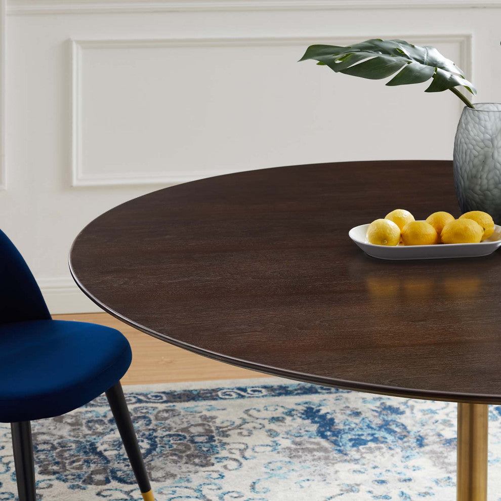 Dining Table, Round, Wood, Gold Dark Brown Brown Walnut, Cafe Bistro Restaurant