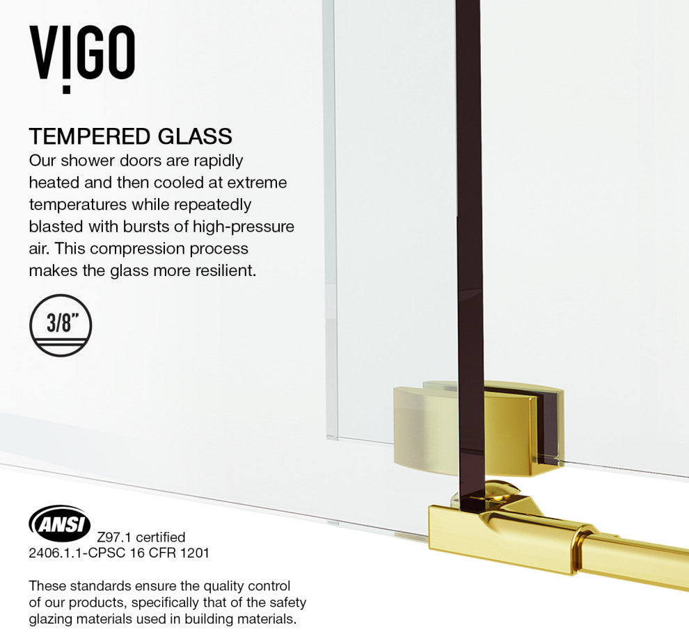 VIGO Winslow Frameless Sliding Shower Enclosure, Matte Brushed Gold, 36" D X 48" W X 80" H, Right Drain Base