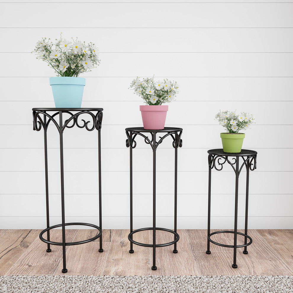 Pure Garden Set of 3 Nesting Metal Round Plant Stands, Black