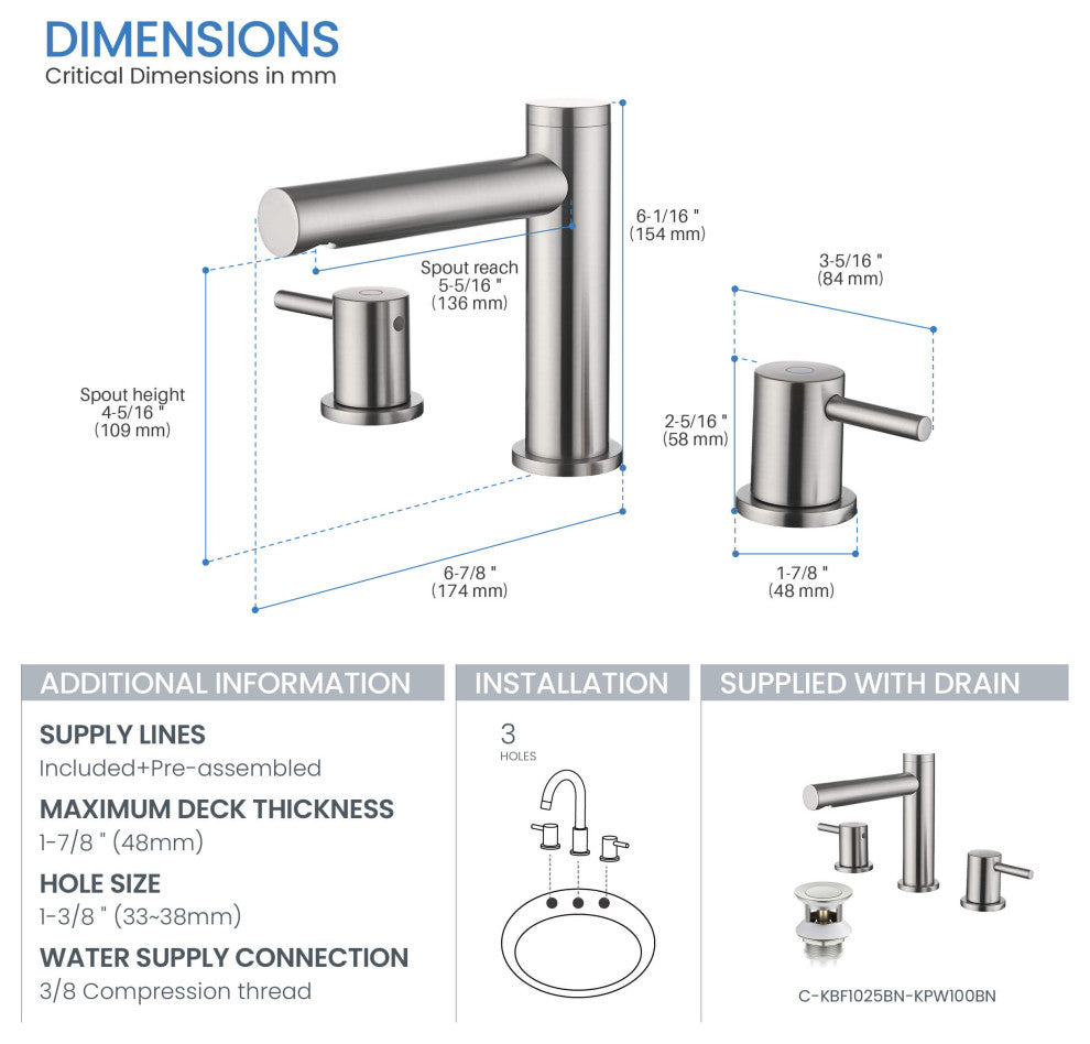 Circular 8" Bathroom Sink Widespread Faucet with Drain Assembly, Brushed Nickel