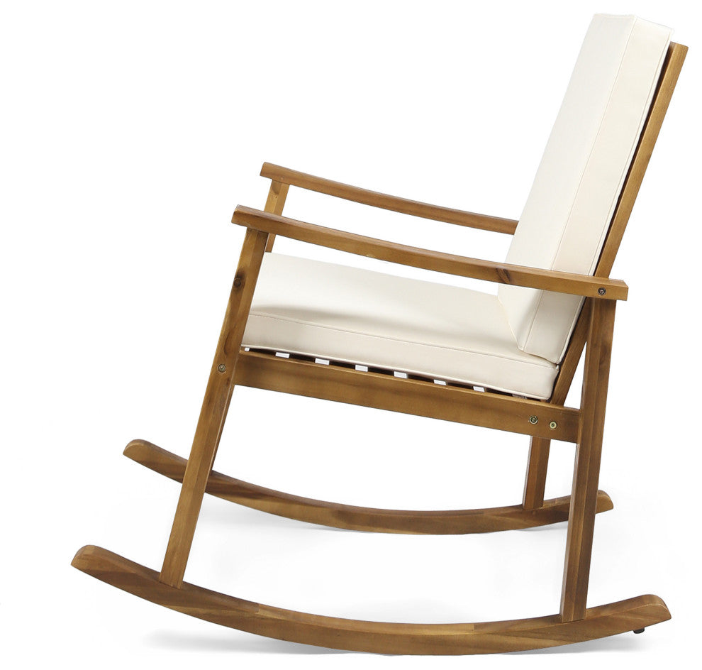 GDF Studio Caspar Outdoor Acacia Wood Rocking Chair, Teak Finish With Cream Cushion