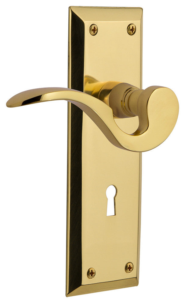 New York Plate With Keyhole Manor Lever, Polished Brass, Passage, Non-Handed