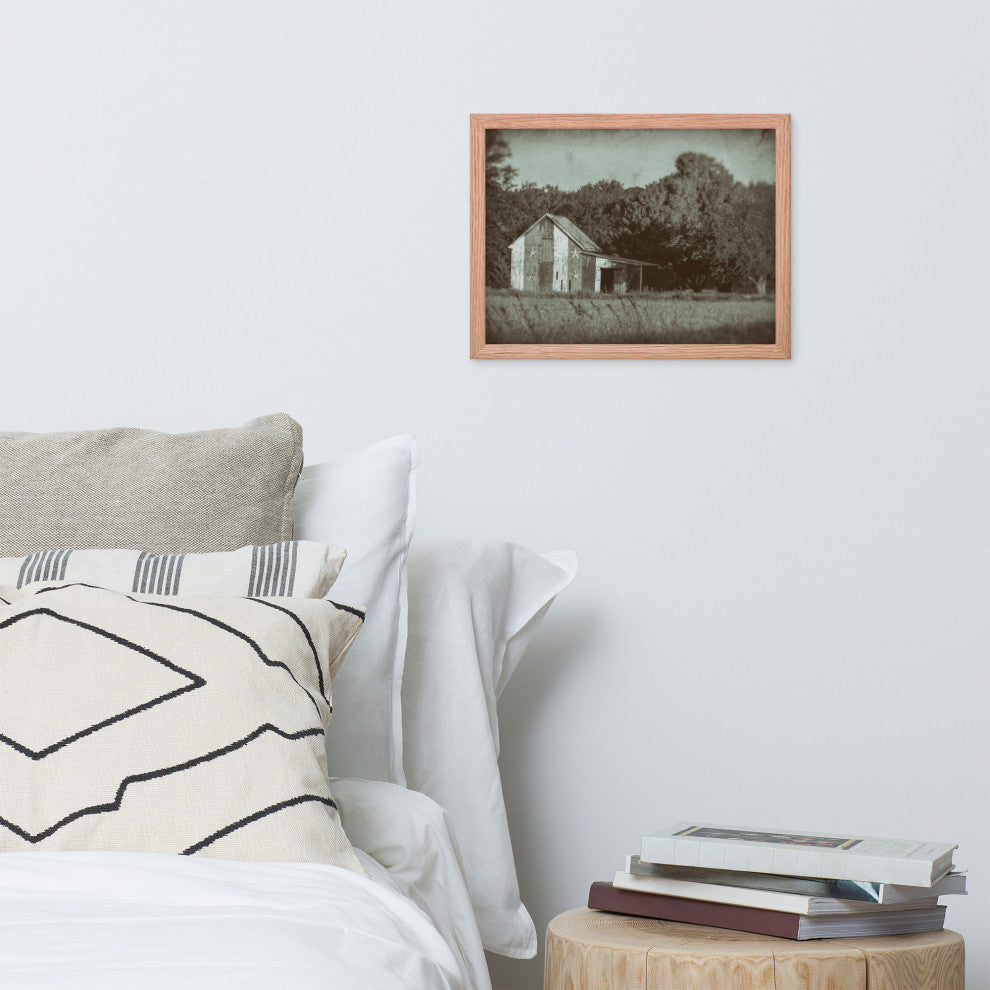 Patriotic Barn in Field Vintage Black and White Framed Photo Wall Art Print, Red Oak, 12" X 16"