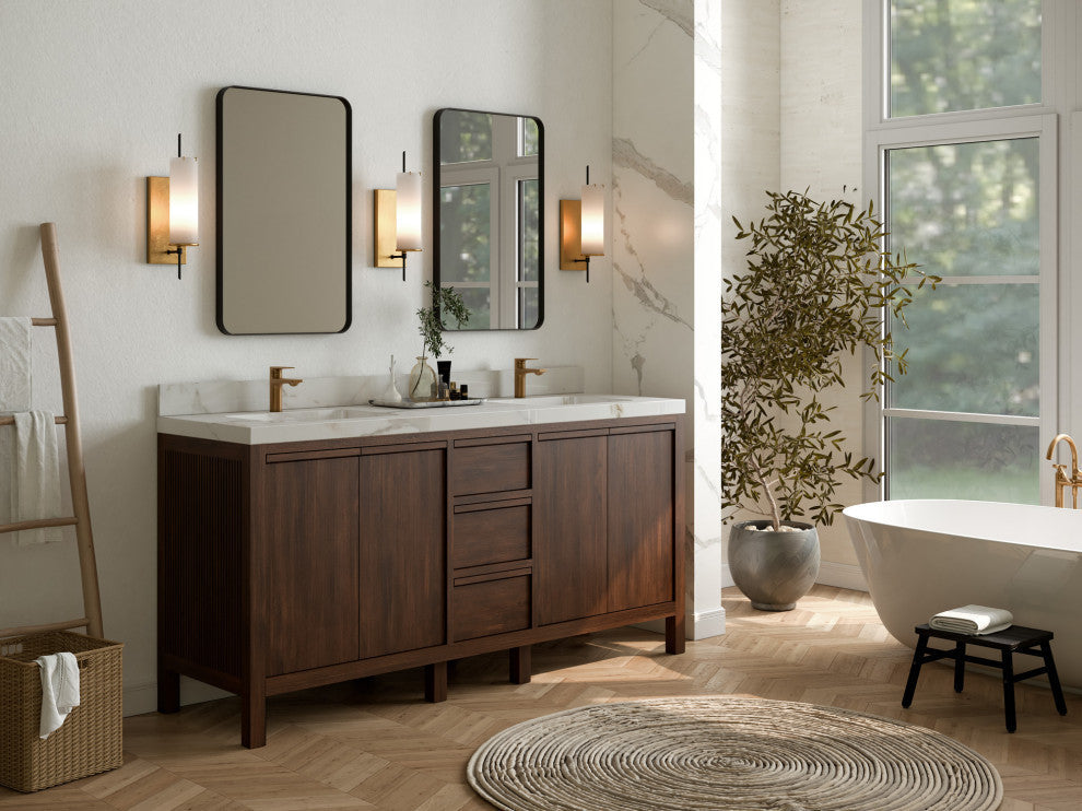 Elizabeth 72 Double Sink Bath Vanity in Dark Walnut Teak 2" Piatra Gray