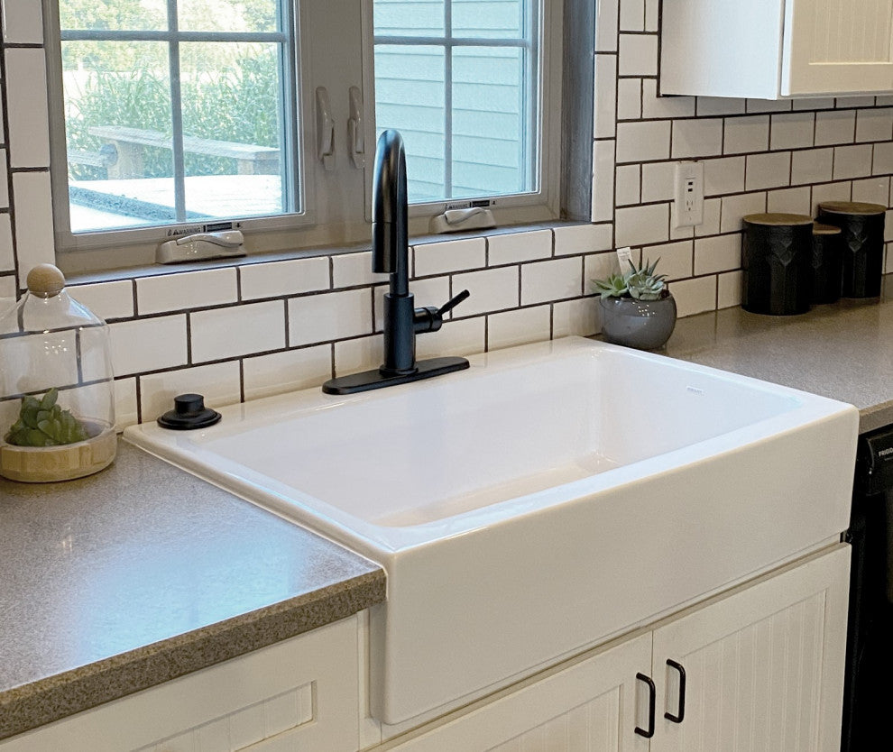 Parker White Fireclay 34" Single Bowl Quick-Fit Drop-In Kitchen Sink, 1 Hole