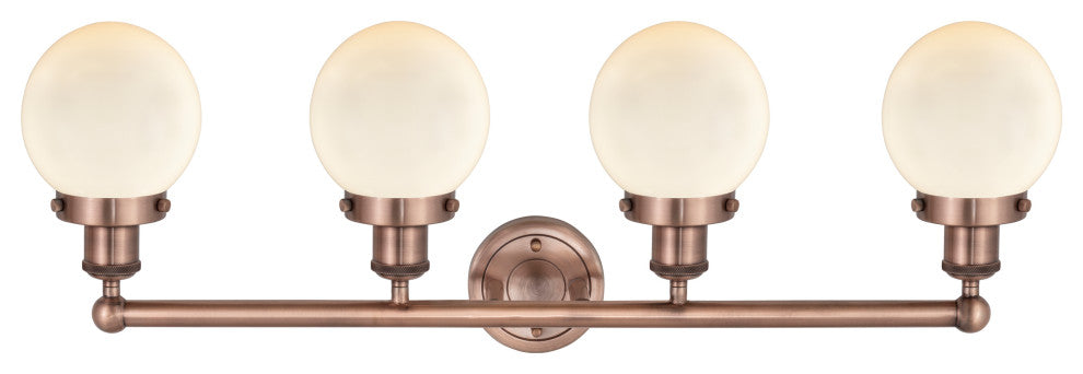 Small Beacon 4-Light 34" Vanity Light, Antique Copper Finish, Matte White Shade