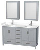 60"DBL Bathroom Vanity Gray, White Cult. Marble Countertop, Sinks, Med. Cabinets