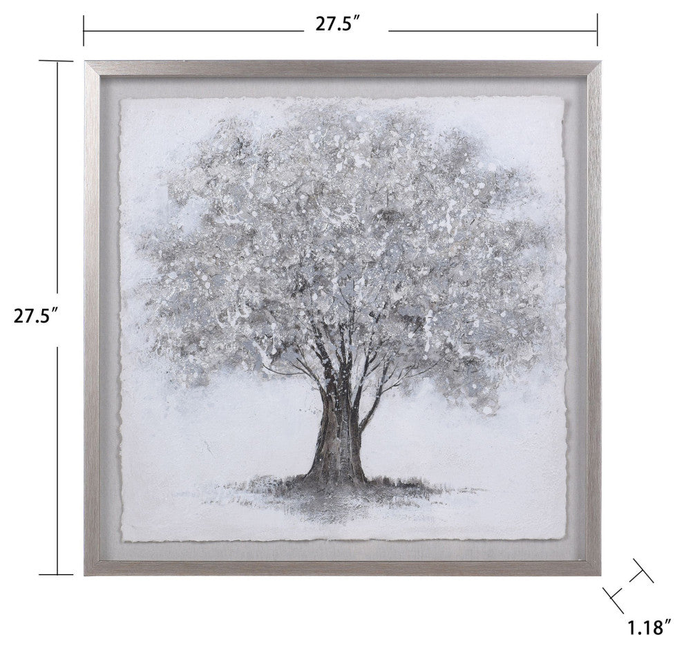 Silver Foliage Shadow Box Wall Art With Foil On Rice Paper Gray Wash Frame